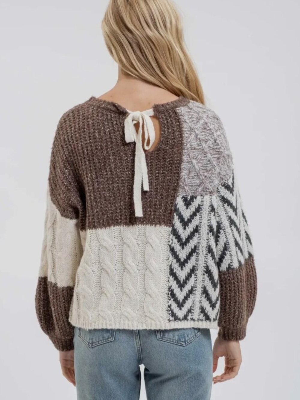 Women's Xl Sweater Patchwork Cable Knit Pullover Balloon Sleeve Chevron Brown - Picture 2 of 8